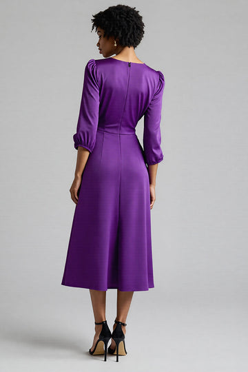 A Line Plum Ruffled 3/4 Sleeves Midi Work Dress